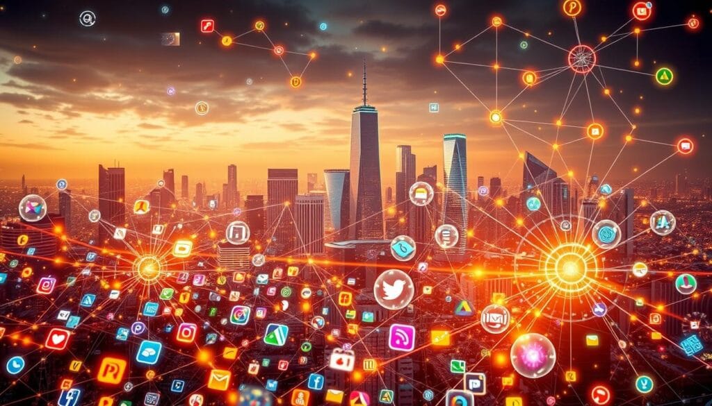 An intricate AI app ecosystem, bursting with growth and innovation. In the foreground, a diverse array of colorful app icons, each pulsing with vibrant energy, representing the myriad of AI-powered applications shaping the digital landscape. In the middle ground, a network of interconnected nodes and data streams, visualizing the complex web of interactions and integrations that underpin this thriving ecosystem. In the background, a futuristic city skyline, with towering skyscrapers and gleaming technological infrastructure, serving as the backdrop for this dynamic AI app world. Bathed in a warm, golden light, the scene conveys a sense of progress, opportunity, and the boundless potential of AI-driven applications.