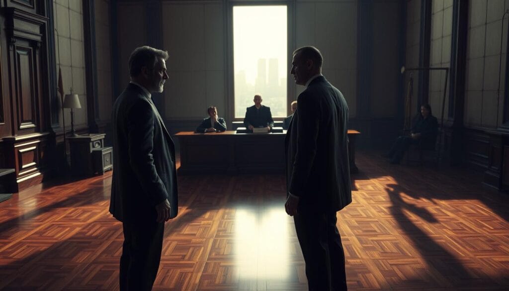 An intricate courtroom scene, illuminated by a soft, dramatic lighting that casts long shadows across the polished wooden floors. In the foreground, a tense discussion unfolds between two figures, their expressions revealing the gravity of the legal battle over AI-generated artwork. In the middle ground, a panel of judges sits attentively, considering the arguments and evidence presented. The background is a hazy, blurred cityscape, hinting at the larger societal implications of this copyright case. The overall atmosphere is one of intellectual rigor and high stakes, as the future of AI art hangs in the balance. An intricate courtroom scene, illuminated by a soft, dramatic lighting that casts long shadows across the polished wooden floors. In the foreground, a tense discussion unfolds between two figures, their expressions revealing the gravity of the legal battle over AI-generated artwork. In the middle ground, a panel of judges sits attentively, considering the arguments and evidence presented. The background is a hazy, blurred cityscape, hinting at the larger societal implications of this copyright case. The overall atmosphere is one of intellectual rigor and high stakes, as the future of AI art hangs in the balance.