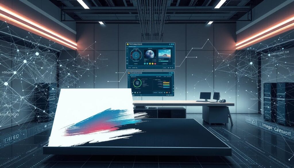 An intricately detailed illustration showcasing the inner workings of an AI image generation process. In the foreground, a digital canvas displays a partially formed image, with brushstrokes and color gradients taking shape. Surrounding it, a series of interconnected neural networks and data streams pulsate with energy, representing the complex algorithms that drive the generative process. In the middle ground, a floating control panel displays various settings and parameters, allowing the user to fine-tune the output. The background features a futuristic, minimalist workspace, with sleek, high-tech equipment and a serene, contemplative atmosphere. Soft, directional lighting casts dramatic shadows, emphasizing the technical complexity and creative potential of this AI-powered artistic tool.