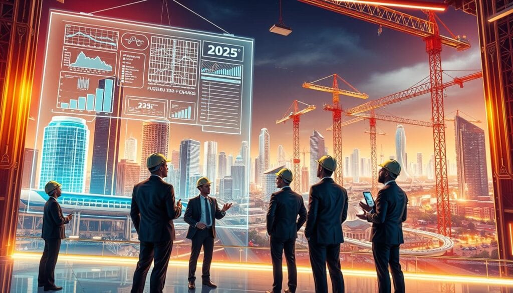 An ornate, highly-detailed digital illustration depicting the financial trends and forecasts for the construction industry in the year 2025. The foreground features a group of business people in suits and hard hats, animatedly discussing financial data and blueprints projected on a large holographic display. The middle ground shows various construction projects in different stages, from groundbreaking to ribbon-cutting ceremonies, representing the thriving industry. The background depicts a futuristic cityscape with gleaming skyscrapers, suspended transit systems, and a vibrant urban landscape. The lighting is a combination of warm, golden tones and cool, neon accents, creating an atmosphere of growth, innovation, and prosperity in the construction financing sector. An ornate, highly-detailed digital illustration depicting the financial trends and forecasts for the construction industry in the year 2025. The foreground features a group of business people in suits and hard hats, animatedly discussing financial data and blueprints projected on a large holographic display. The middle ground shows various construction projects in different stages, from groundbreaking to ribbon-cutting ceremonies, representing the thriving industry. The background depicts a futuristic cityscape with gleaming skyscrapers, suspended transit systems, and a vibrant urban landscape. The lighting is a combination of warm, golden tones and cool, neon accents, creating an atmosphere of growth, innovation, and prosperity in the construction financing sector.