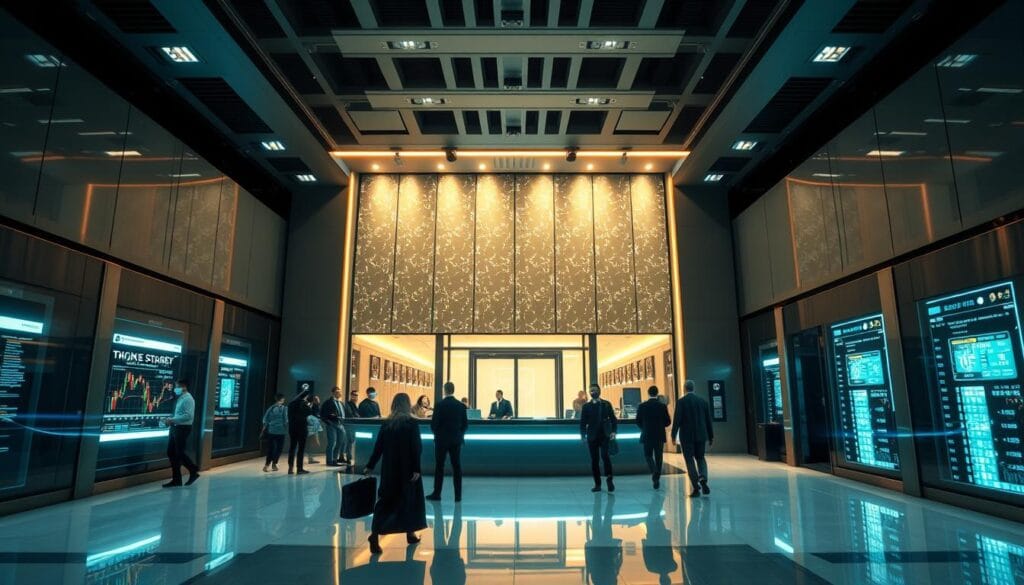 An ultra-secure cryptocurrency exchange, its sleek and modern facade illuminated by high-intensity spotlights. The interior is a symphony of advanced security measures - biometric scanners, multi-factor authentication, and a network of vigilant surveillance cameras. Customers navigate the pristine trading floor, their movements shadowed by discreet security personnel. Glowing holographic displays showcase real-time market data, while a state-of-the-art server room hums with the power of cutting-edge encryption. The overall atmosphere exudes an air of unwavering confidence, reassuring users that their digital assets are safeguarded by the latest innovations in fintech security.