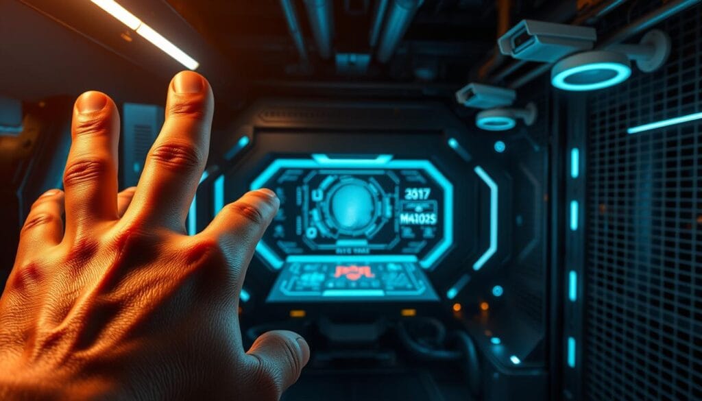 Biometrics in user authentication: a high-tech security system with fingerprints, iris scans, and facial recognition sensors. In the foreground, a close-up of a hand pressing against a biometric scanner, the skin ridges and pores visible under high-contrast lighting. In the middle ground, a futuristic control panel with holographic displays showcasing authentication data. The background is a dimly lit, industrial environment with metal grates, glowing blue accents, and the faint outline of advanced surveillance cameras. The overall scene conveys a sense of technological sophistication and heightened security, setting the stage for the future of user authentication.