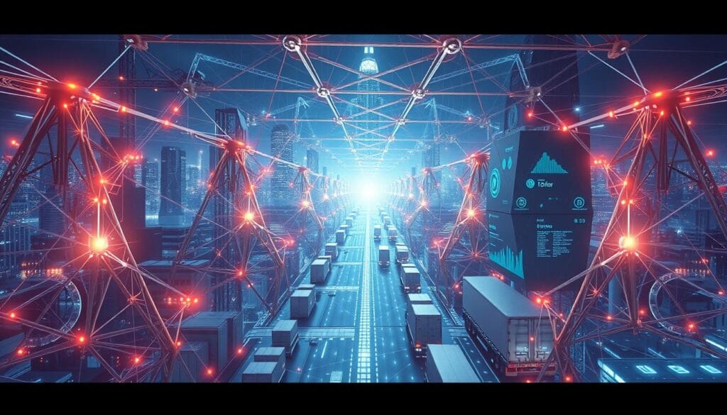 Blockchain supply chain efficiency: An intricate network of interconnected nodes, each a guardian of transparent data flows. Sleek, metallic structures rise amidst a futuristic cityscape, their geometric forms reflecting the precision of blockchain's distributed ledger. Streamlined logistics operations unfold, packages traversing seamless pathways, their journey charted by a tapestry of digital transactions. Holographic interfaces flicker to life, consolidating real-time insights that drive optimized decision-making. A symphony of efficiency, where trust and traceability are the cornerstones of an agile, resilient supply chain. Blockchain supply chain efficiency: An intricate network of interconnected nodes, each a guardian of transparent data flows. Sleek, metallic structures rise amidst a futuristic cityscape, their geometric forms reflecting the precision of blockchain's distributed ledger. Streamlined logistics operations unfold, packages traversing seamless pathways, their journey charted by a tapestry of digital transactions. Holographic interfaces flicker to life, consolidating real-time insights that drive optimized decision-making. A symphony of efficiency, where trust and traceability are the cornerstones of an agile, resilient supply chain.