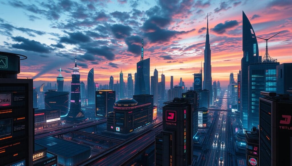 Create a realistic image of a futuristic cityscape Create a realistic image of a futuristic cityscape