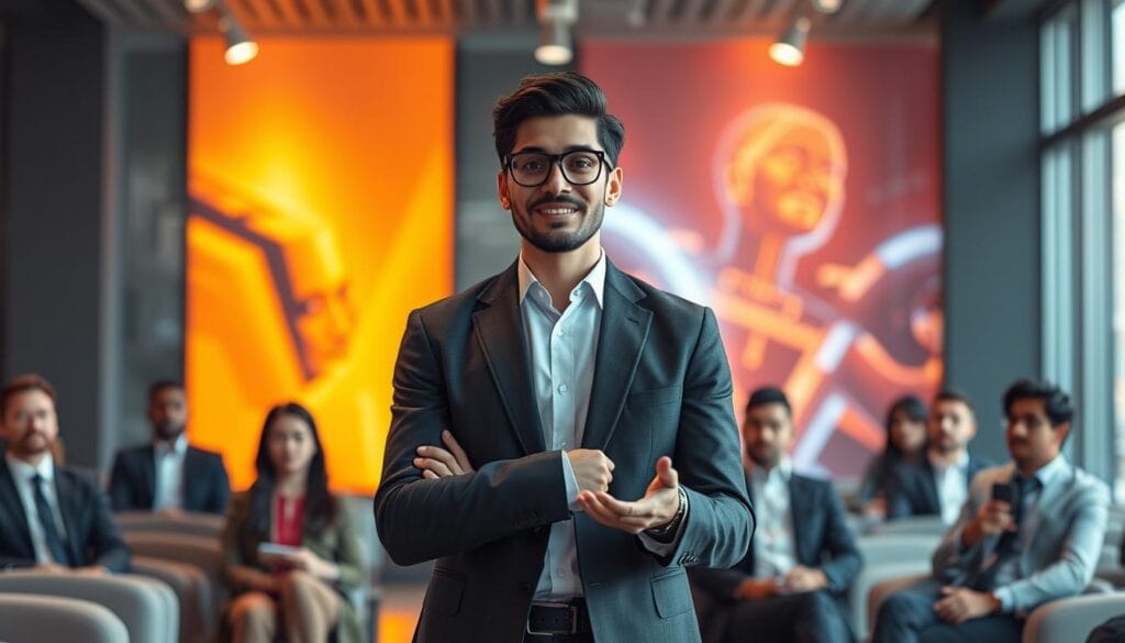 Create an image of a digital avatar presenting in a corporate setting