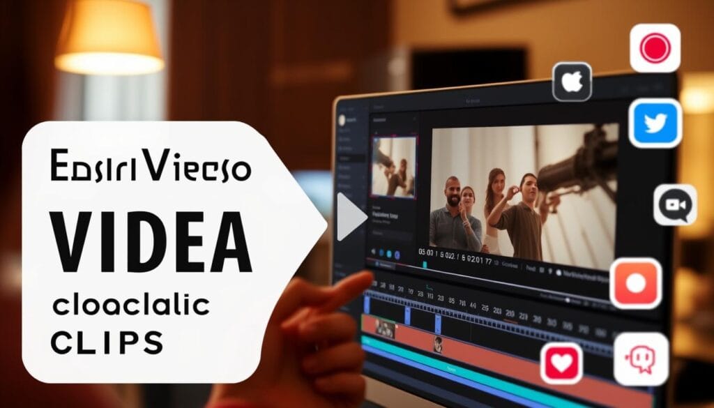 Create an image of a social media clip being created from a longer video Create an image of a social media clip being created from a longer video