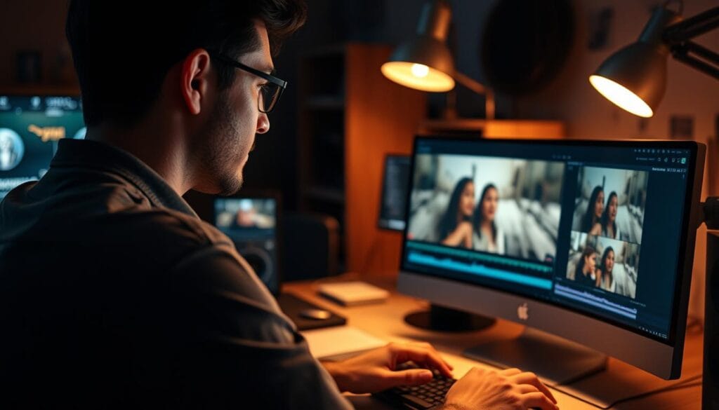 Create an image of a user editing a video with AI-powered tools Create an image of a user editing a video with AI-powered tools