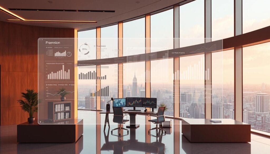 Detailed 3D render of a data visualization dashboard for financial forecasting, set against a sleek, modern interior. In the foreground, a large holographic display shows various charts, graphs, and predictive models. Elegant desk and workstation setup in the middle ground, with high-end computer equipment and high-resolution monitors. In the background, floor-to-ceiling windows offer a panoramic view of a bustling cityscape, creating a sense of scale and sophistication. Soft, warm lighting creates a productive, focused atmosphere. Cutting-edge machine learning algorithms and neural networks power the analytical capabilities showcased on the dashboard.