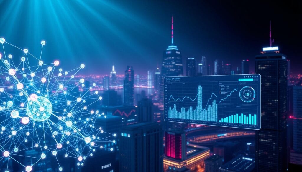 Detailed 3D render of a machine learning algorithm detecting financial fraud. In the foreground, a complex neural network visualized as glowing nodes and connectors, analyzing a stream of financial transaction data. In the middle ground, a data visualization dashboard with graphs and charts highlighting anomalies and suspicious patterns. In the background, a cityscape of skyscrapers and financial institutions, bathed in a cool, cyberpunk-inspired color palette of blues and purples. Dramatic lighting, with rays of light cutting through the scene. High-quality, photorealistic rendering with a sense of depth and scale, conveying the power and sophistication of AI-driven fraud detection. Detailed 3D render of a machine learning algorithm detecting financial fraud. In the foreground, a complex neural network visualized as glowing nodes and connectors, analyzing a stream of financial transaction data. In the middle ground, a data visualization dashboard with graphs and charts highlighting anomalies and suspicious patterns. In the background, a cityscape of skyscrapers and financial institutions, bathed in a cool, cyberpunk-inspired color palette of blues and purples. Dramatic lighting, with rays of light cutting through the scene. High-quality, photorealistic rendering with a sense of depth and scale, conveying the power and sophistication of AI-driven fraud detection.