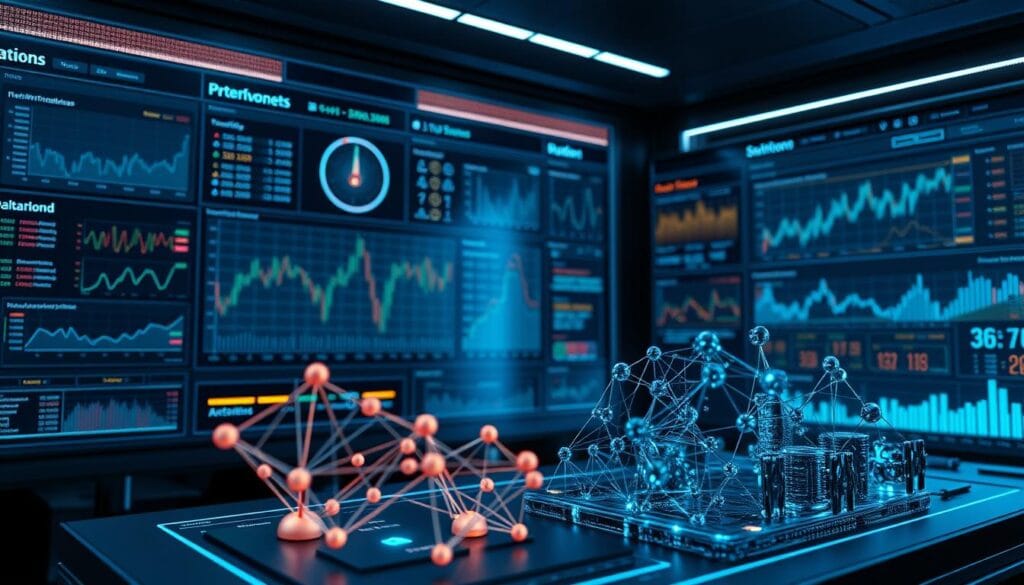 Detailed algorithmic trading interface, featuring cutting-edge AI-powered analytics dashboards, intricate data visualizations, and real-time market monitoring. Sleek, futuristic user interface with smooth transitions, dynamic charts, and intuitive controls. Dimly lit environment with cool blue tones, subtle neon accents, and a sense of technological sophistication. Prominent three-dimensional models of neural networks, decision trees, and other AI constructs in the foreground, conveying the advanced computational processes at work. Camera angle slightly elevated, capturing the scope and complexity of the trading setup in an immersive, cinematic style.