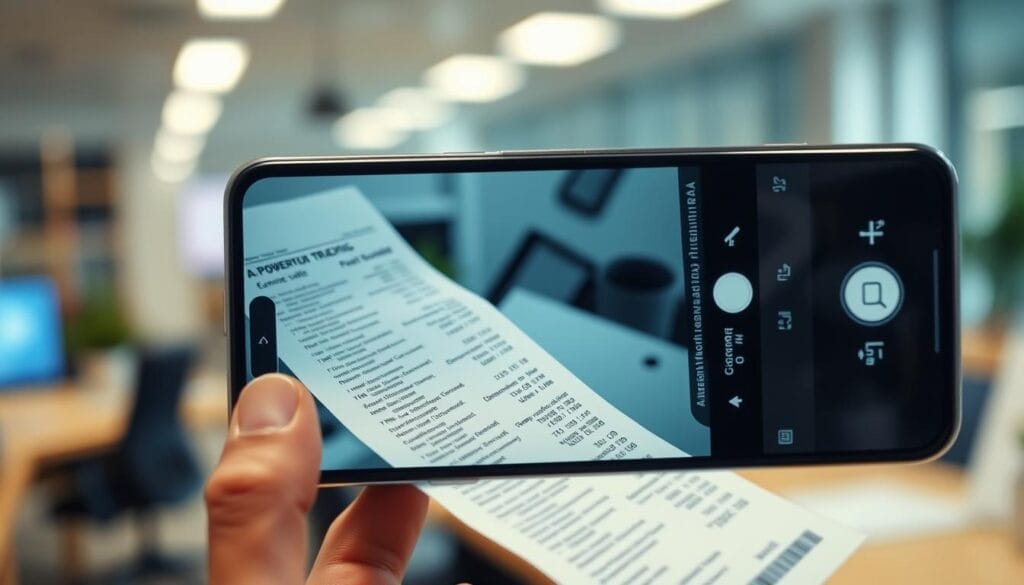 Detailed close-up of a smartphone camera capturing a paper receipt, its screen displaying AI-powered expense tracking software. Bright, clean lighting illuminates the scene, highlighting the high-resolution image quality and intricate text details. In the background, a blurred office workspace setting suggests a professional, productivity-focused environment. The overall mood conveys efficiency, technology, and the seamless integration of AI-powered tools into modern financial management. Detailed close-up of a smartphone camera capturing a paper receipt, its screen displaying AI-powered expense tracking software. Bright, clean lighting illuminates the scene, highlighting the high-resolution image quality and intricate text details. In the background, a blurred office workspace setting suggests a professional, productivity-focused environment. The overall mood conveys efficiency, technology, and the seamless integration of AI-powered tools into modern financial management.