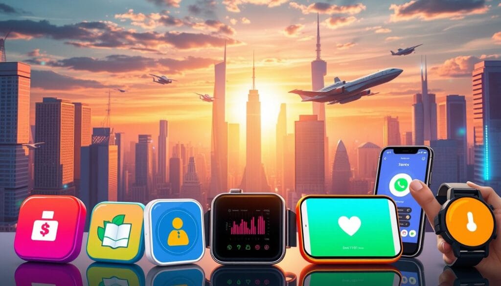 Detailed digital illustration of five popular mobile apps for automatic savings and money management in 2025. Foreground features vibrant, life-like app icons arranged in a semi-circle, with clean, minimalist UI designs. Midground showcases a variety of mobile devices, smartphones and smartwatches, displaying the apps in use. Background depicts a futuristic, high-tech cityscape with skyscrapers, holograms and flying vehicles, bathed in a warm, golden sunset glow. Overall, a sleek, modern and aspirational composition that captures the convenience and utility of the top round-up savings apps of the near future. Detailed digital illustration of five popular mobile apps for automatic savings and money management in 2025. Foreground features vibrant, life-like app icons arranged in a semi-circle, with clean, minimalist UI designs. Midground showcases a variety of mobile devices, smartphones and smartwatches, displaying the apps in use. Background depicts a futuristic, high-tech cityscape with skyscrapers, holograms and flying vehicles, bathed in a warm, golden sunset glow. Overall, a sleek, modern and aspirational composition that captures the convenience and utility of the top round-up savings apps of the near future.