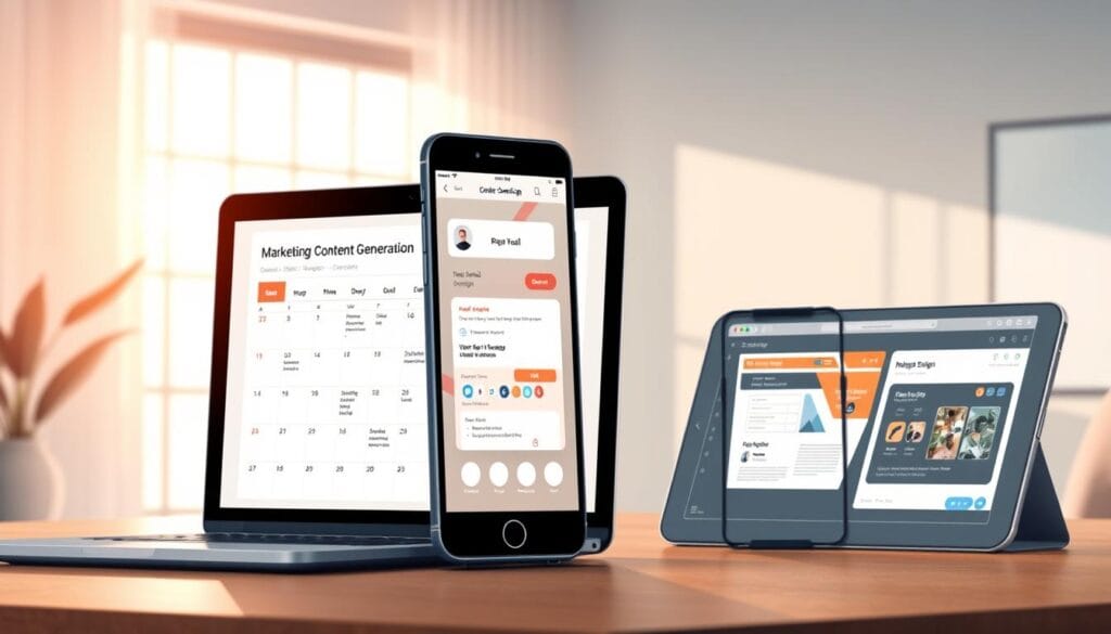 Detailed digital illustration of various marketing content generation tools, including a modern laptop displaying a content calendar, a smartphone with a social media scheduling app, and a tablet with a graphic design software interface. The scene is set in a contemporary office environment with clean, minimalist aesthetics and neutral tones. Soft, directional lighting from a window casts a warm glow, highlighting the sleek, high-tech devices. The composition emphasizes the interconnectivity and convenience of these productivity tools for efficient content creation and management. A sense of professionalism and sophistication pervades the image. Detailed digital illustration of various marketing content generation tools, including a modern laptop displaying a content calendar, a smartphone with a social media scheduling app, and a tablet with a graphic design software interface. The scene is set in a contemporary office environment with clean, minimalist aesthetics and neutral tones. Soft, directional lighting from a window casts a warm glow, highlighting the sleek, high-tech devices. The composition emphasizes the interconnectivity and convenience of these productivity tools for efficient content creation and management. A sense of professionalism and sophistication pervades the image.