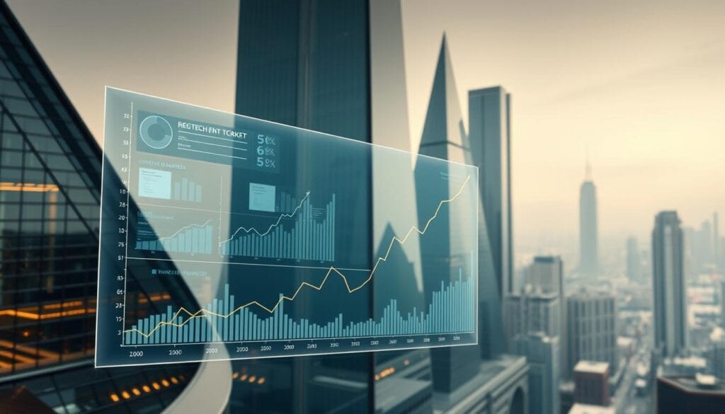 Detailed growth chart projecting the rise of the Regtech market, set against a backdrop of a sleek, modern financial district. In the foreground, a holographic display showcases analytical data and forecasts, illuminated by soft, warm lighting. In the middle ground, angular glass skyscrapers and reflective surfaces create an air of technological sophistication. The background features a hazy cityscape, with muted tones and a sense of depth, emphasizing the scale and importance of the Regtech industry. The overall composition conveys a sense of progress, innovation, and the pivotal role Regtech plays in shaping the future of the financial sector.