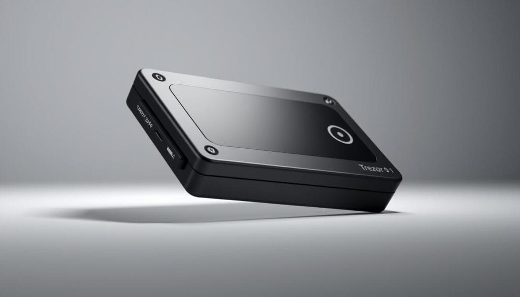 Detailed, high-quality 3D render of the Trezor Safe 3, a top-of-the-line open-source hardware cryptocurrency wallet. The device is depicted in a sleek, minimalist black or dark gray metal casing with a crisp OLED display and physical buttons for secure interactions. Soft, directional lighting illuminates the wallet from the side, casting subtle shadows and highlighting its clean, angular design. The wallet is presented against a plain, studio-style backdrop, allowing it to be the central focus. The overall mood is one of advanced technology, security, and trustworthiness - reflecting the wallet's purpose of safeguarding digital assets. Detailed, high-quality 3D render of the Trezor Safe 3, a top-of-the-line open-source hardware cryptocurrency wallet. The device is depicted in a sleek, minimalist black or dark gray metal casing with a crisp OLED display and physical buttons for secure interactions. Soft, directional lighting illuminates the wallet from the side, casting subtle shadows and highlighting its clean, angular design. The wallet is presented against a plain, studio-style backdrop, allowing it to be the central focus. The overall mood is one of advanced technology, security, and trustworthiness - reflecting the wallet's purpose of safeguarding digital assets.
