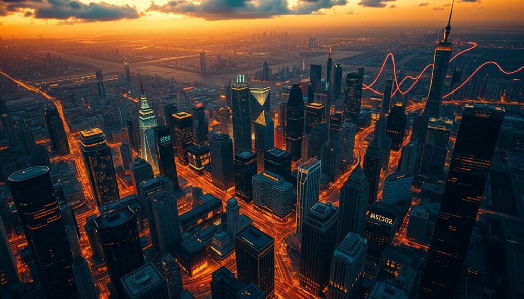 Dramatic aerial view of the bond market landscape in 2025, with towering skyscrapers of financial data, intricate network of charts and graphs, and a pulsing, neon-lit skyline reflecting the dynamic trends. Warm golden lighting illuminates the scene, casting dramatic shadows and highlighting the intricate details. A sense of energy, innovation, and cautious optimism pervades the image, capturing the essence of the high-yield bond fund industry's potential in the year ahead. Dramatic aerial view of the bond market landscape in 2025, with towering skyscrapers of financial data, intricate network of charts and graphs, and a pulsing, neon-lit skyline reflecting the dynamic trends. Warm golden lighting illuminates the scene, casting dramatic shadows and highlighting the intricate details. A sense of energy, innovation, and cautious optimism pervades the image, capturing the essence of the high-yield bond fund industry's potential in the year ahead.