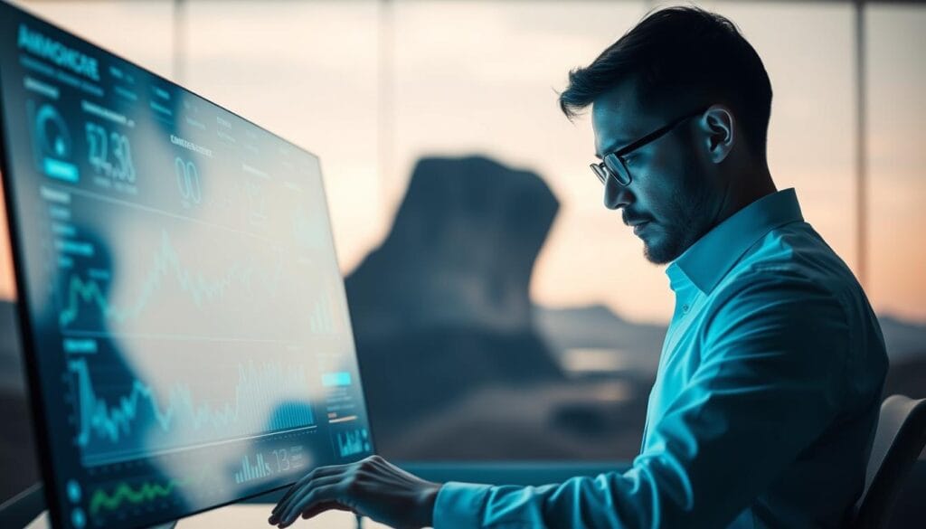 Elegant and minimalist AI portfolio management strategies. In the foreground, a sleek, futuristic dashboard displays charts, graphs, and financial data, bathed in a soft, ambient light. In the middle ground, an analyst meticulously examines the dashboard, their expression one of deep concentration. The background is a serene, abstract landscape, evoking a sense of tranquility and control. The overall mood is one of precision, efficiency, and confidence in the AI-driven investment approach. The scene is captured through a wide-angle lens, creating a sense of depth and scale. Elegant and minimalist AI portfolio management strategies. In the foreground, a sleek, futuristic dashboard displays charts, graphs, and financial data, bathed in a soft, ambient light. In the middle ground, an analyst meticulously examines the dashboard, their expression one of deep concentration. The background is a serene, abstract landscape, evoking a sense of tranquility and control. The overall mood is one of precision, efficiency, and confidence in the AI-driven investment approach. The scene is captured through a wide-angle lens, creating a sense of depth and scale.