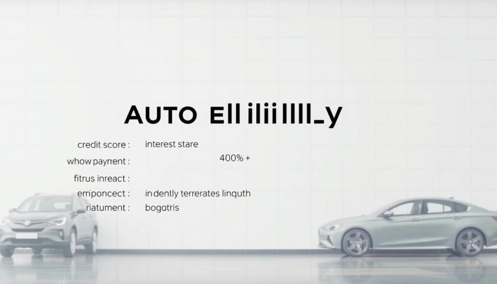 Elegant text overlay, crisp white backdrop, subtle grey grid lines. Foreground features rows of concise bullet points detailing auto loan eligibility - credit score, down payment, income, employment status, debt-to-income ratio. Midground highlights key details like loan terms, interest rates, and monthly payments. Background subtly depicts an automotive showroom with sleek vehicle silhouettes. Lighting is natural and softly diffused, creating a professional, informative tone. Camera angle is slightly elevated, providing a clean, uncluttered view of the essential information. Elegant text overlay, crisp white backdrop, subtle grey grid lines. Foreground features rows of concise bullet points detailing auto loan eligibility - credit score, down payment, income, employment status, debt-to-income ratio. Midground highlights key details like loan terms, interest rates, and monthly payments. Background subtly depicts an automotive showroom with sleek vehicle silhouettes. Lighting is natural and softly diffused, creating a professional, informative tone. Camera angle is slightly elevated, providing a clean, uncluttered view of the essential information.