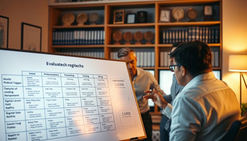 Evaluating regtech providers: a professional financial firm's office, with a team of analysts reviewing data and reports on multiple computer screens. Soft, warm lighting illuminates the scene, creating a focused, analytical atmosphere. In the foreground, a whiteboard displays a matrix of regtech providers, their features and pricing. The middle ground features the team intently discussing the options, gesturing towards the data. The background shows shelves of financial documents and awards, conveying the company's expertise. The overall impression is one of a methodical, thorough evaluation process to identify the best regtech solution.