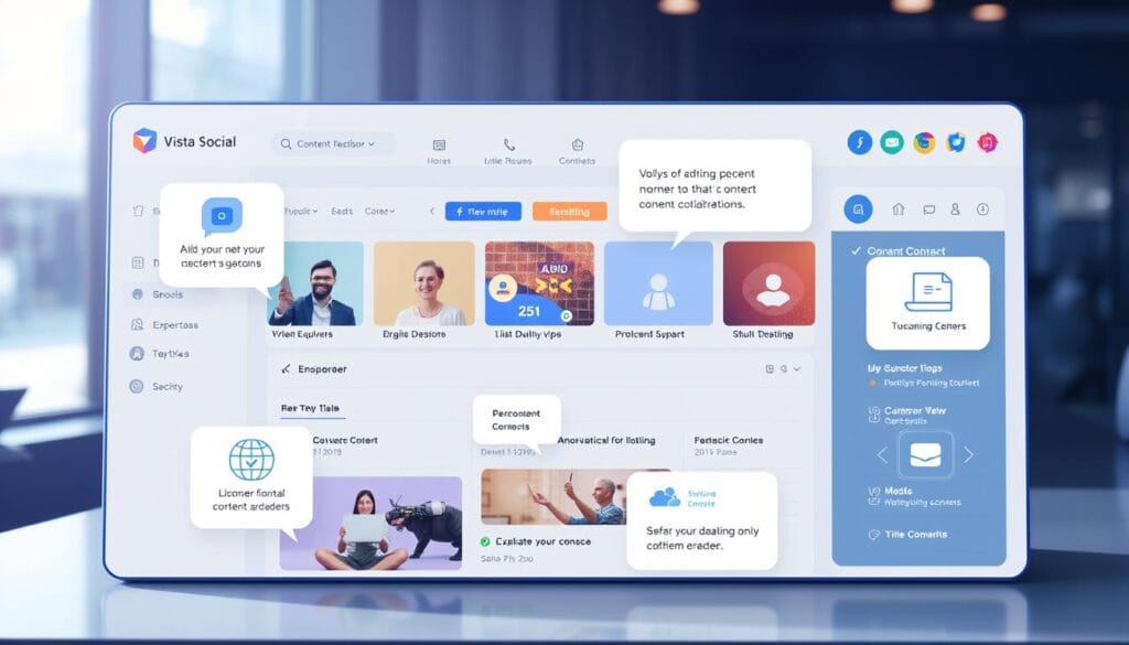 Generate an image of Vista Social's dashboard showcasing its AI-powered content suggestions and scheduling features. Generate an image of Vista Social's dashboard showcasing its AI-powered content suggestions and scheduling features.