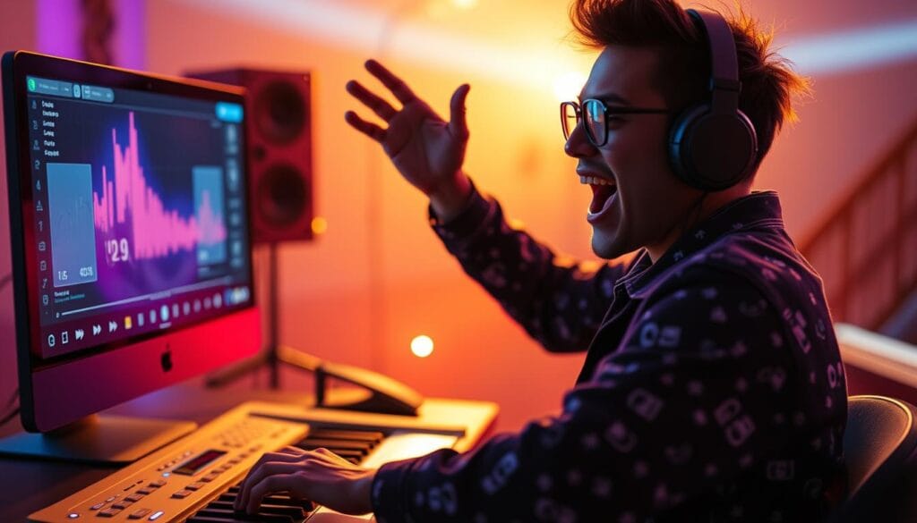 Generate an image of a person customizing music with Udio AI music generation tool Generate an image of a person customizing music with Udio AI music generation tool