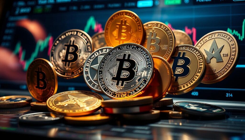 High-contrast close-up shot of a diverse array of cryptocurrency altcoins, including Bitcoin, Ethereum, Litecoin, and Dogecoin, against a backdrop of a sleek, futuristic exchange platform interface. The coins appear to be floating, casting dynamic shadows and reflecting the cool, metallic tones of the interface. Dramatic lighting from the side and below accentuates the depth and texture of the coins, evoking a sense of power and innovation. The composition draws the viewer's eye towards the center, where the altcoins are prominently featured, conveying the idea of Bitmart as a premier destination for altcoin trading.