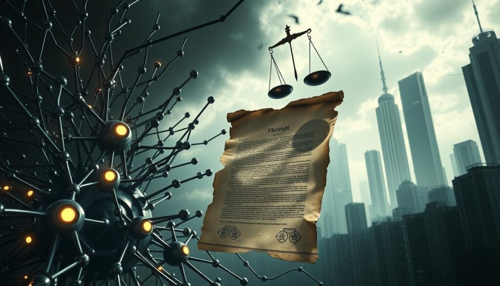 High-contrast digital illustration depicting the conflict between artificial intelligence and traditional copyright law. In the foreground, a stylized AI neural network with metallic, geometric shapes and glowing nodes. In the middle ground, a tattered parchment representing historical copyright statutes, with the scales of justice hovering ominously. In the background, a dystopian cityscape with towering skyscrapers, casting long shadows and an ominous atmosphere. Dramatic lighting creates stark contrasts, emphasizing the tension between the technological and the legal. Cinematic camera angle, with a low perspective to convey a sense of scale and power struggle. High-contrast digital illustration depicting the conflict between artificial intelligence and traditional copyright law. In the foreground, a stylized AI neural network with metallic, geometric shapes and glowing nodes. In the middle ground, a tattered parchment representing historical copyright statutes, with the scales of justice hovering ominously. In the background, a dystopian cityscape with towering skyscrapers, casting long shadows and an ominous atmosphere. Dramatic lighting creates stark contrasts, emphasizing the tension between the technological and the legal. Cinematic camera angle, with a low perspective to convey a sense of scale and power struggle.