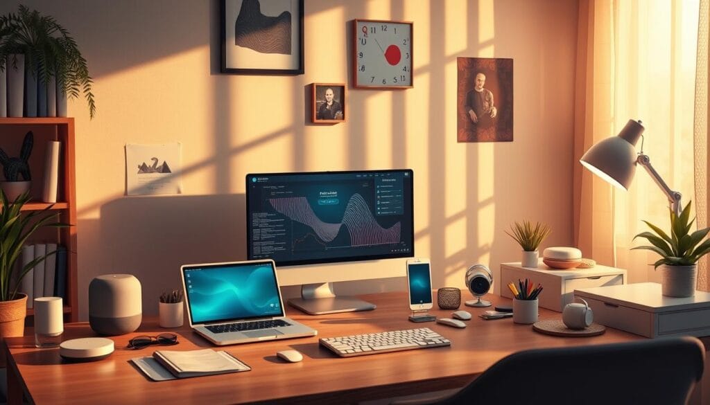 High-quality digital illustration of an AI-powered home office setup, featuring a sleek laptop or desktop computer, a virtual assistant device, smart home gadgets, and various productivity and creative tools. The scene is bathed in warm, natural lighting, creating a cozy and inviting atmosphere. The layout is visually appealing, with a minimalist and organized arrangement of the components. The overall impression is one of a productive and efficient AI-augmented workspace, ideal for exploring AI-driven side hustle opportunities.