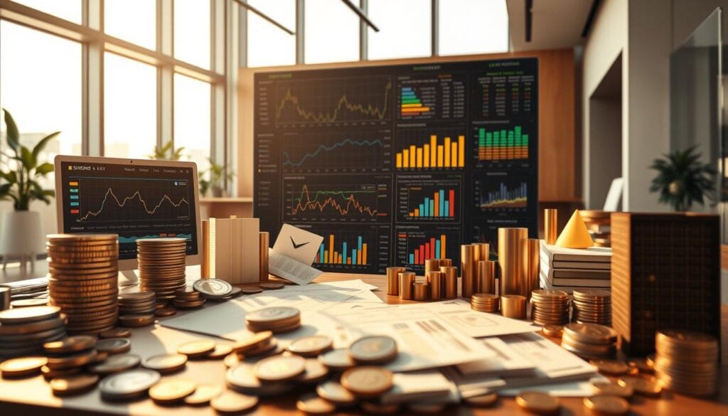 High-quality diversified portfolio with a focus on high-yield corporate bonds. Foreground features a range of bonds, stocks, and other financial instruments arranged in a balanced, harmonious composition. Middle ground showcases data visualizations and charts highlighting bond yields, credit ratings, and sector allocations. Background depicts a modern, minimalist office setting with floor-to-ceiling windows, allowing natural light to illuminate the scene. Warm, golden tones and soft, diffused lighting create a sense of professional sophistication and prudent financial management. The overall atmosphere conveys an air of stability, security, and optimized returns. High-quality diversified portfolio with a focus on high-yield corporate bonds. Foreground features a range of bonds, stocks, and other financial instruments arranged in a balanced, harmonious composition. Middle ground showcases data visualizations and charts highlighting bond yields, credit ratings, and sector allocations. Background depicts a modern, minimalist office setting with floor-to-ceiling windows, allowing natural light to illuminate the scene. Warm, golden tones and soft, diffused lighting create a sense of professional sophistication and prudent financial management. The overall atmosphere conveys an air of stability, security, and optimized returns.