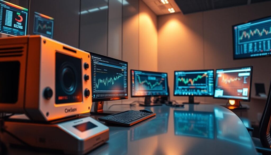 High-resolution, detailed image of advanced commodity trading tools and analytics displayed on digital monitors in a modern, minimalist office setting. Warm lighting illuminates the sleek, metallic equipment, highlighting the precision and sophistication of the trading technology. Smooth, reflective surfaces create a sense of depth and futuristic aesthetic. Prominent display screens show complex financial data visualizations, stock charts, and algorithmic trading dashboards. Subtle camera angle emphasizes the power and complexity of the advanced trading tools. High-resolution, detailed image of advanced commodity trading tools and analytics displayed on digital monitors in a modern, minimalist office setting. Warm lighting illuminates the sleek, metallic equipment, highlighting the precision and sophistication of the trading technology. Smooth, reflective surfaces create a sense of depth and futuristic aesthetic. Prominent display screens show complex financial data visualizations, stock charts, and algorithmic trading dashboards. Subtle camera angle emphasizes the power and complexity of the advanced trading tools.
