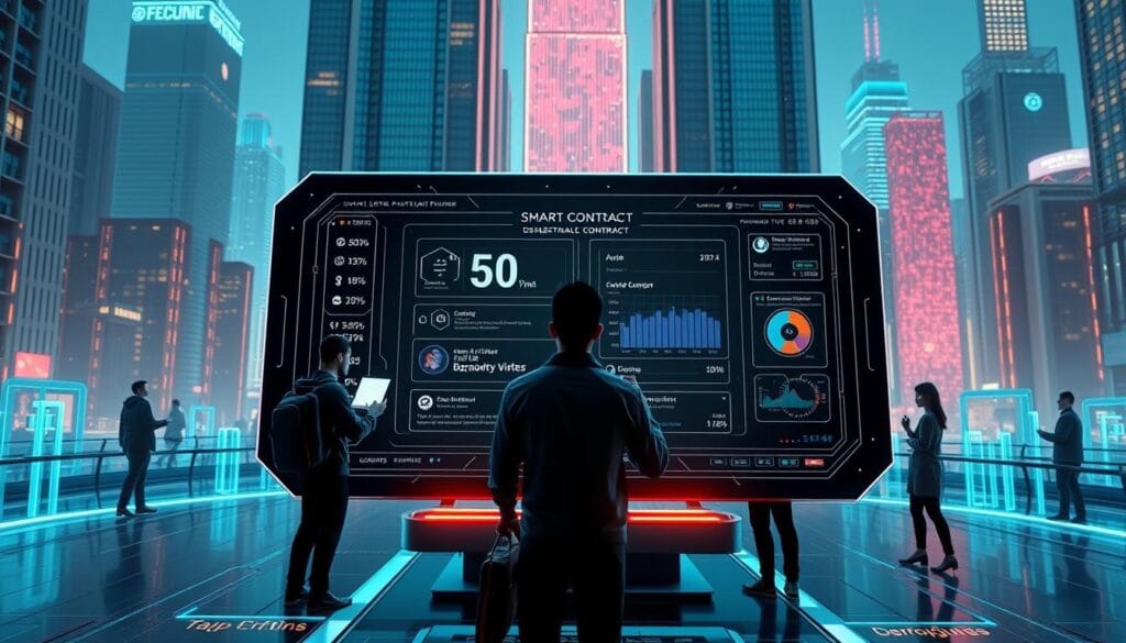 High-tech blockchain-powered smart contract interface, showcasing decentralized lending and borrowing mechanisms. Sleek and intuitive UI design with clean lines, minimalist elements, and vibrant color palette. 3D rendered scene set in a futuristic cityscape with towering skyscrapers and holographic displays in the background. Digital financiers and crypto enthusiasts interact with the smart contract platform in the foreground, depicting the seamless integration of decentralized finance. Soft studio lighting casts dynamic shadows, enhancing the depth and dimensionality of the scene. Cinematic camera angle captures the scale and complexity of the blockchain ecosystem. High-tech blockchain-powered smart contract interface, showcasing decentralized lending and borrowing mechanisms. Sleek and intuitive UI design with clean lines, minimalist elements, and vibrant color palette. 3D rendered scene set in a futuristic cityscape with towering skyscrapers and holographic displays in the background. Digital financiers and crypto enthusiasts interact with the smart contract platform in the foreground, depicting the seamless integration of decentralized finance. Soft studio lighting casts dynamic shadows, enhancing the depth and dimensionality of the scene. Cinematic camera angle captures the scale and complexity of the blockchain ecosystem.