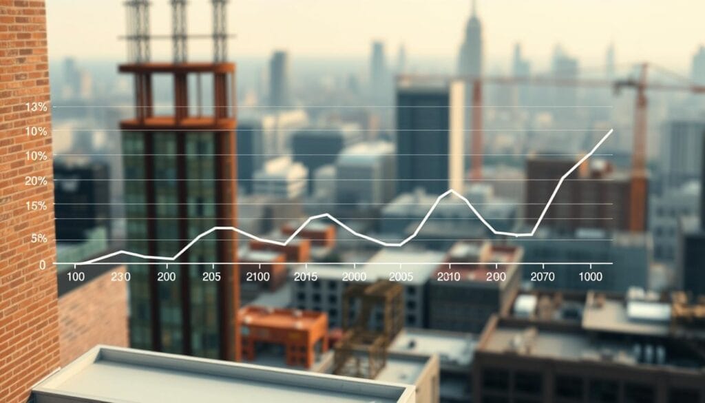 Intricate graph depicting construction loan rates in 2025, rendered in a clean, data-driven style. A minimalist line chart in the foreground shows the fluctuating rates over the year, with precise numerical values. The middle ground features a subtle backdrop of architectural elements - brick, steel, and glass - hinting at the construction projects these loans would fund. The background is a softly blurred cityscape, conveying a sense of urban growth and development. The overall mood is one of analytical clarity, projecting a reliable, trustworthy impression of the financial landscape for construction projects in the year 2025. Intricate graph depicting construction loan rates in 2025, rendered in a clean, data-driven style. A minimalist line chart in the foreground shows the fluctuating rates over the year, with precise numerical values. The middle ground features a subtle backdrop of architectural elements - brick, steel, and glass - hinting at the construction projects these loans would fund. The background is a softly blurred cityscape, conveying a sense of urban growth and development. The overall mood is one of analytical clarity, projecting a reliable, trustworthy impression of the financial landscape for construction projects in the year 2025.