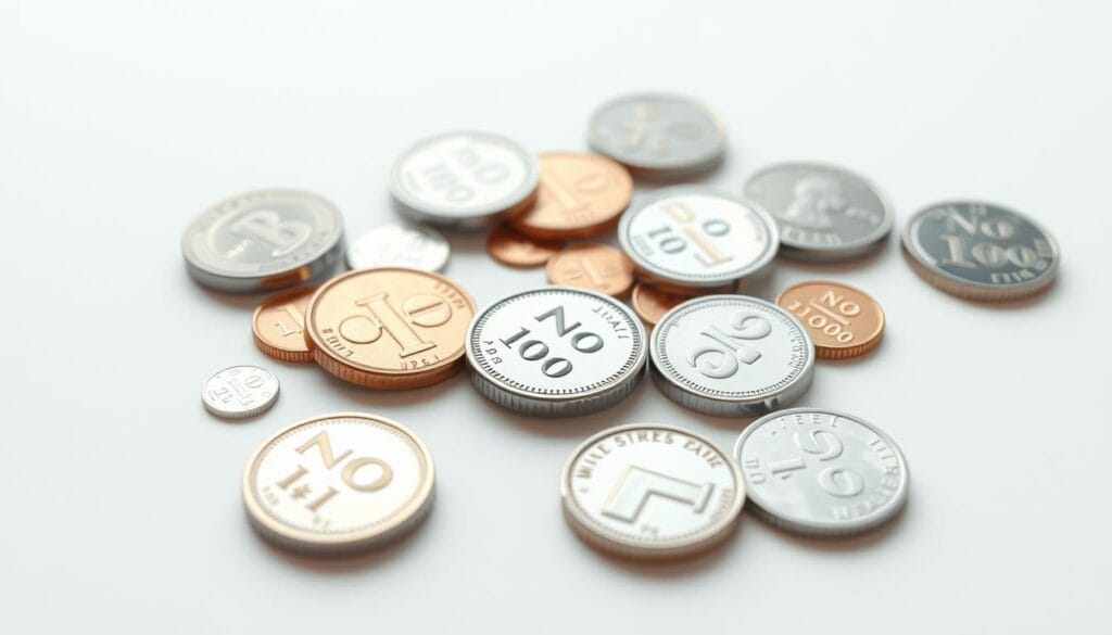 Photorealistic 3D rendering of fractional shares, with a focus on small denominations such as cents, nickels, and dimes. The composition features a clean, minimalist background, allowing the coins to take center stage. The lighting is soft and diffused, creating a sense of depth and dimension. The camera angle is slightly elevated, providing an overhead view of the fractional shares, emphasizing their small scale and the concept of micro-investing. The image conveys a sense of simplicity, accessibility, and the idea of starting small with investing. Photorealistic 3D rendering of fractional shares, with a focus on small denominations such as cents, nickels, and dimes. The composition features a clean, minimalist background, allowing the coins to take center stage. The lighting is soft and diffused, creating a sense of depth and dimension. The camera angle is slightly elevated, providing an overhead view of the fractional shares, emphasizing their small scale and the concept of micro-investing. The image conveys a sense of simplicity, accessibility, and the idea of starting small with investing.