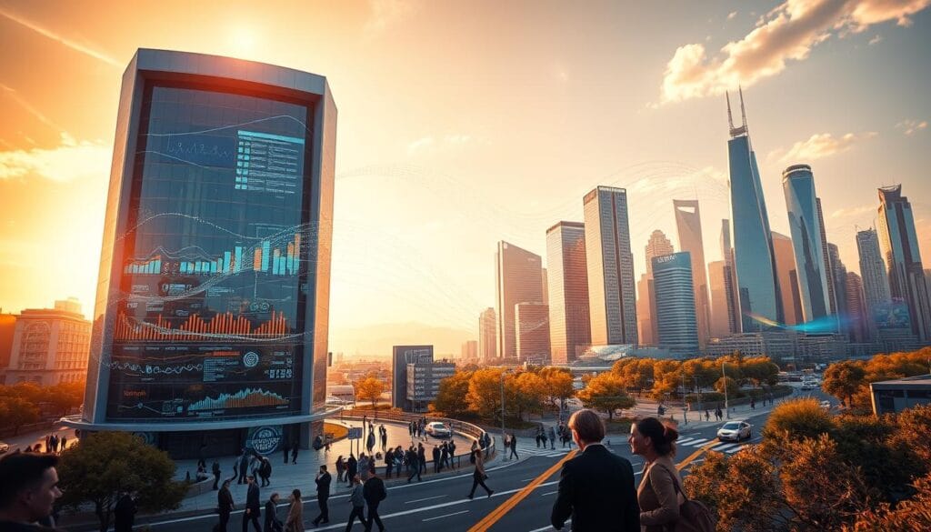 Prompt A dynamic cityscape with towering skyscrapers and bustling streets, bathed in a warm, golden halo of light. In the foreground, a symbolic representation of the insurance industry - a sleek, modern office building with bold, geometric lines and reflective glass facades. Streams of data and analytic visualizations flow through the building, illustrating the rapid technological advancements transforming the industry. The middle ground features diverse people - customers, agents, and innovators - engaged in discussions and transactions, representing the changing face of insurance. In the background, a vibrant, futuristic skyline signals the industry's growth and evolution, as new technologies and business models reshape the landscape. Prompt A dynamic cityscape with towering skyscrapers and bustling streets, bathed in a warm, golden halo of light. In the foreground, a symbolic representation of the insurance industry - a sleek, modern office building with bold, geometric lines and reflective glass facades. Streams of data and analytic visualizations flow through the building, illustrating the rapid technological advancements transforming the industry. The middle ground features diverse people - customers, agents, and innovators - engaged in discussions and transactions, representing the changing face of insurance. In the background, a vibrant, futuristic skyline signals the industry's growth and evolution, as new technologies and business models reshape the landscape.