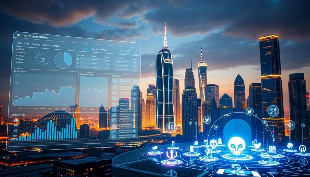 Prompt A dynamic, futuristic scene of AI-powered social media automation. In the foreground, a sleek, holographic dashboard displays analytics, engagement metrics, and automated post scheduling. In the middle ground, various social media platforms are represented by stylized icons, all seamlessly interconnected and controlled by the central system. The background features a cityscape of towering, high-tech skyscrapers, bathed in a warm, ambient glow, symbolizing the integration of AI into the fabric of modern digital life. The overall atmosphere conveys a sense of efficiency, innovation, and the power of AI-driven social media management. Prompt A dynamic, futuristic scene of AI-powered social media automation. In the foreground, a sleek, holographic dashboard displays analytics, engagement metrics, and automated post scheduling. In the middle ground, various social media platforms are represented by stylized icons, all seamlessly interconnected and controlled by the central system. The background features a cityscape of towering, high-tech skyscrapers, bathed in a warm, ambient glow, symbolizing the integration of AI into the fabric of modern digital life. The overall atmosphere conveys a sense of efficiency, innovation, and the power of AI-driven social media management.