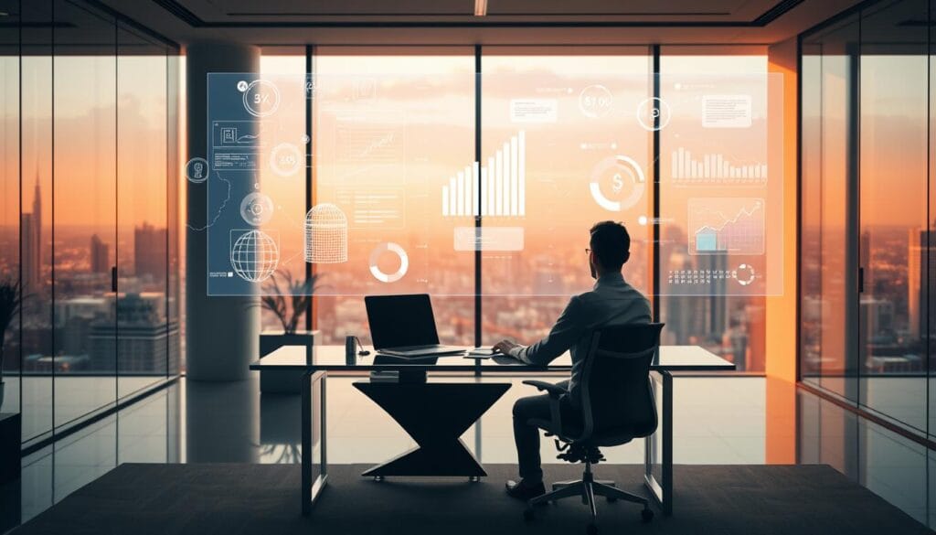 Prompt A modern office interior, bathed in warm, diffused lighting. In the foreground, a person sits at a sleek glass and metal desk, intently interacting with a floating holographic display of financial data and AI-generated projections. The middle ground features abstract visualizations of algorithmic decision-making processes, with elegant lines and shapes representing the flow of information. In the background, the office overlooks a vibrant cityscape, hinting at the global scale of the financial planning being conducted. The overall atmosphere is one of technological sophistication, productivity, and a sense of control over complex financial matters through the power of artificial intelligence. Prompt A modern office interior, bathed in warm, diffused lighting. In the foreground, a person sits at a sleek glass and metal desk, intently interacting with a floating holographic display of financial data and AI-generated projections. The middle ground features abstract visualizations of algorithmic decision-making processes, with elegant lines and shapes representing the flow of information. In the background, the office overlooks a vibrant cityscape, hinting at the global scale of the financial planning being conducted. The overall atmosphere is one of technological sophistication, productivity, and a sense of control over complex financial matters through the power of artificial intelligence.