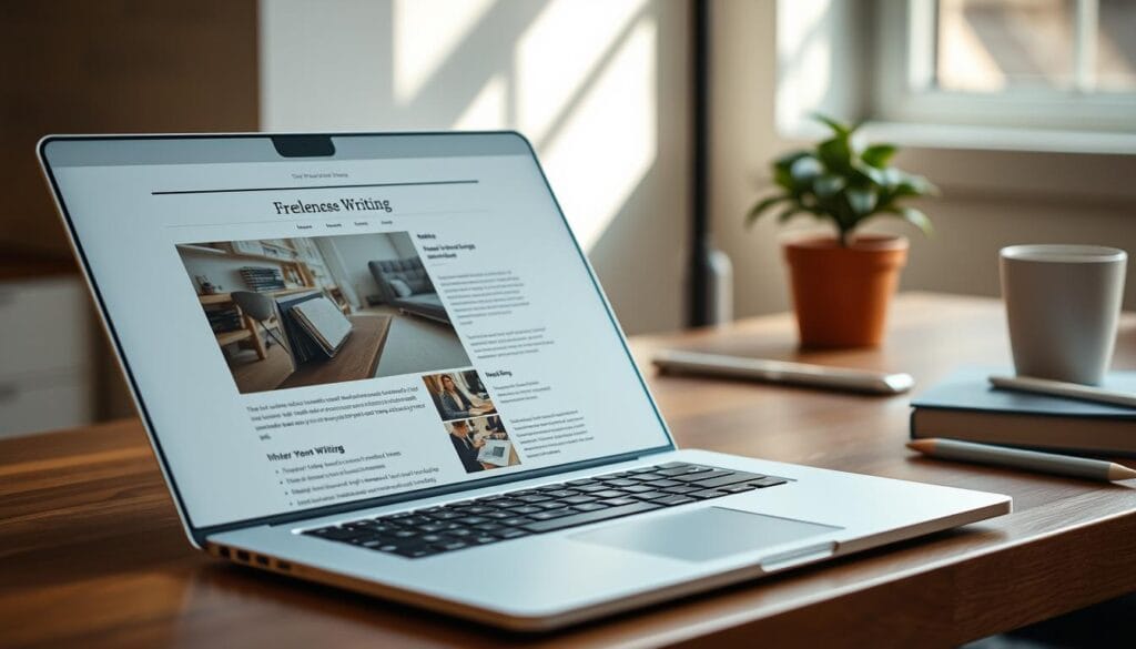Prompt A neatly organized freelance writing portfolio showcased on a sleek, modern laptop, set against a serene, minimalist workspace. The portfolio's pages feature samples of well-crafted articles and blog posts, with crisp typography and tasteful use of imagery. Warm, natural lighting illuminates the scene, creating a cozy and professional atmosphere. The laptop's angle and position suggest a thoughtful, deliberate presentation, inviting the viewer to explore the writer's work. In the background, a clean, uncluttered desk with a few strategically placed office supplies and a potted plant, conveying a sense of productivity and attention to detail. Prompt A neatly organized freelance writing portfolio showcased on a sleek, modern laptop, set against a serene, minimalist workspace. The portfolio's pages feature samples of well-crafted articles and blog posts, with crisp typography and tasteful use of imagery. Warm, natural lighting illuminates the scene, creating a cozy and professional atmosphere. The laptop's angle and position suggest a thoughtful, deliberate presentation, inviting the viewer to explore the writer's work. In the background, a clean, uncluttered desk with a few strategically placed office supplies and a potted plant, conveying a sense of productivity and attention to detail.