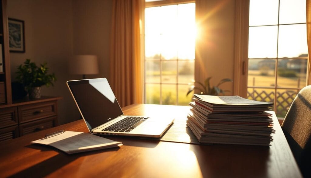 Prompt A serene, sunlit home office with a well-organized desk, a laptop, and a stack of financial documents. In the background, a window overlooking a tranquil suburban landscape. The atmosphere exudes a sense of focus and financial prudence. The lighting is warm and natural, casting soft shadows and highlighting the details of the scene. The angle is slightly elevated, giving the viewer a sense of authority and expertise. The overall impression is one of a thoughtful, strategic approach to retirement planning and maximizing tax advantages.