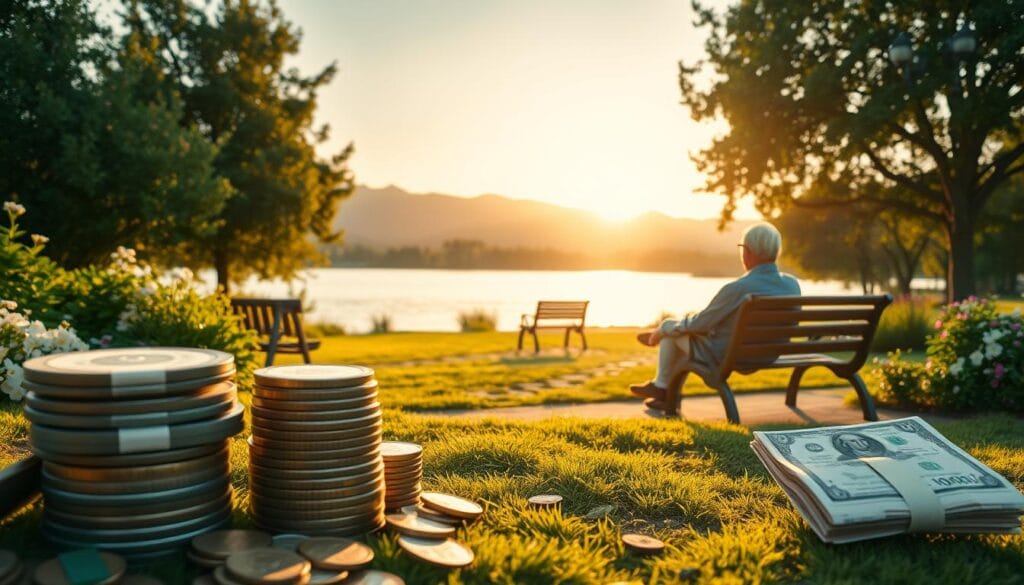 Prompt A tranquil retirement income strategy landscape, captured with a wide-angle lens against a soft golden hour glow. In the foreground, stacks of coins and bills symbolize financial security, surrounded by lush greenery and blossoming flowers. The middle ground features a winding path leading to a serene lake, where a retiree sits contentedly on a park bench, gazing out at the calm waters. In the background, a picturesque mountain range rises majestically, conveying a sense of stability and enduring prosperity. The scene exudes a feeling of relaxation, balance, and the fulfillment that comes with a well-planned retirement income strategy. Prompt A tranquil retirement income strategy landscape, captured with a wide-angle lens against a soft golden hour glow. In the foreground, stacks of coins and bills symbolize financial security, surrounded by lush greenery and blossoming flowers. The middle ground features a winding path leading to a serene lake, where a retiree sits contentedly on a park bench, gazing out at the calm waters. In the background, a picturesque mountain range rises majestically, conveying a sense of stability and enduring prosperity. The scene exudes a feeling of relaxation, balance, and the fulfillment that comes with a well-planned retirement income strategy.