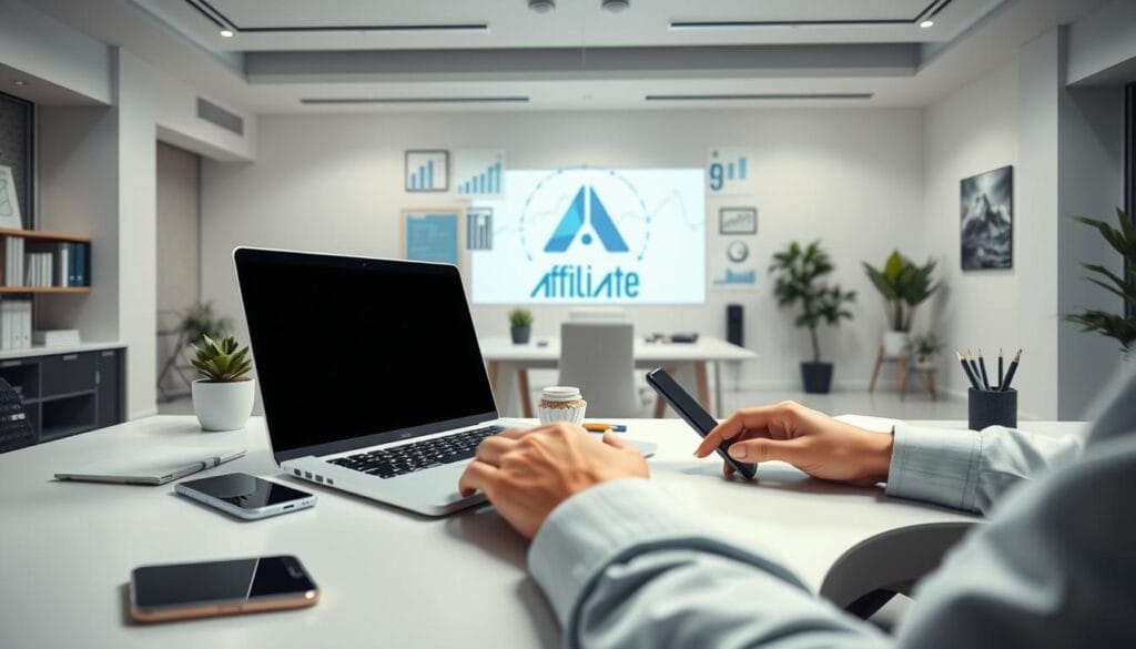 Sleek and modern office workspace, with a large desk showcasing a laptop, smartphone, and various office supplies. In the foreground, a person's hands are typing on the laptop keyboard, symbolizing the engagement in affiliate marketing activities. The middle ground features visual elements associated with affiliate marketing, such as charts, graphs, and a strategically placed affiliate marketing logo. The background depicts a minimalist, well-lit interior with clean lines and neutral colors, creating a professional and productive atmosphere. Sleek and modern office workspace, with a large desk showcasing a laptop, smartphone, and various office supplies. In the foreground, a person's hands are typing on the laptop keyboard, symbolizing the engagement in affiliate marketing activities. The middle ground features visual elements associated with affiliate marketing, such as charts, graphs, and a strategically placed affiliate marketing logo. The background depicts a minimalist, well-lit interior with clean lines and neutral colors, creating a professional and productive atmosphere.