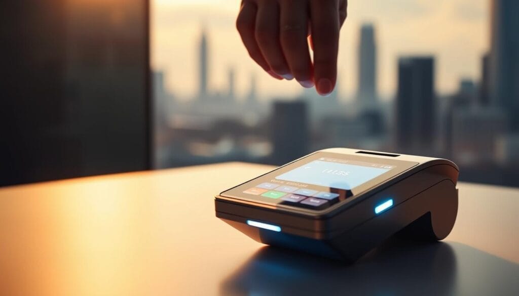 Sleek contactless payment terminal on a modern minimalist table, with a hand gently tapping the surface to initiate a transaction. Warm, diffused lighting casts a soft glow, creating an ambient atmosphere. The terminal's minimalist design features a glowing NFC reader and a simple, intuitive interface. In the background, a blurred cityscape with skyscrapers hints at the urban setting. The overall scene conveys the effortless, secure, and futuristic nature of tap-and-go transactions.