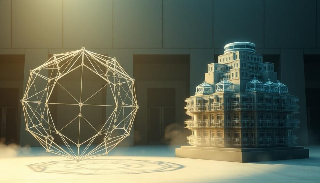 Striking comparison of a public and private blockchain network, showcased against a sophisticated, architectural backdrop. The public chain manifests as an open, geometric structure, its nodes interconnected in a transparent, decentralized pattern. In contrast, the private chain appears as a more rigid, centralized edifice, its components seamlessly integrated yet opaque. Soft, directional lighting accentuates the distinct geometries, while a subtly hazy atmosphere imbues the scene with a contemplative mood, inviting the viewer to ponder the nuances between these two blockchain paradigms and their implications for financial inclusion. Striking comparison of a public and private blockchain network, showcased against a sophisticated, architectural backdrop. The public chain manifests as an open, geometric structure, its nodes interconnected in a transparent, decentralized pattern. In contrast, the private chain appears as a more rigid, centralized edifice, its components seamlessly integrated yet opaque. Soft, directional lighting accentuates the distinct geometries, while a subtly hazy atmosphere imbues the scene with a contemplative mood, inviting the viewer to ponder the nuances between these two blockchain paradigms and their implications for financial inclusion.