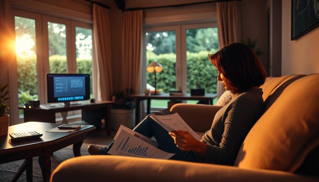 Warm, ambient lighting illuminates a cozy home interior. In the foreground, a person sits comfortably on a plush sofa, reviewing financial documents and weighing the benefits of a home equity loan. The mid-ground showcases a well-organized home office, with a desktop computer, calculator, and a pen resting on a wooden desk. In the background, large windows offer a view of a lush, verdant backyard, creating a sense of tranquility and relaxation. The overall scene conveys the financial security and peace of mind that a home equity loan can provide, making it an appealing option for homeowners considering their financing options. Warm, ambient lighting illuminates a cozy home interior. In the foreground, a person sits comfortably on a plush sofa, reviewing financial documents and weighing the benefits of a home equity loan. The mid-ground showcases a well-organized home office, with a desktop computer, calculator, and a pen resting on a wooden desk. In the background, large windows offer a view of a lush, verdant backyard, creating a sense of tranquility and relaxation. The overall scene conveys the financial security and peace of mind that a home equity loan can provide, making it an appealing option for homeowners considering their financing options.