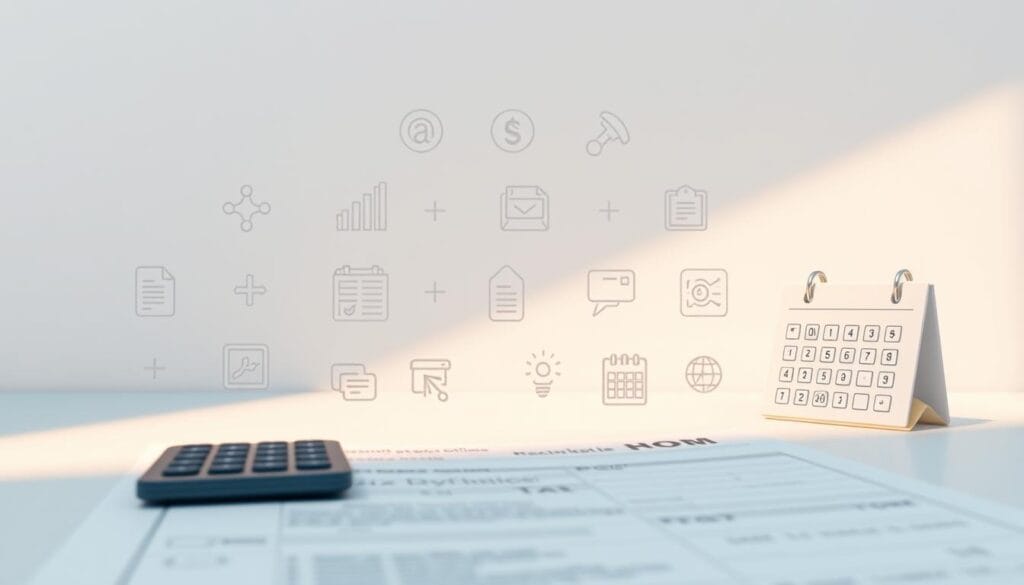 a detailed digital illustration of various tax software features, set against a clean, minimalist background. in the foreground, prominent elements include a tax form, a calculator, and a calendar. in the middle ground, icons and visual representations of capabilities like electronic filing, refund tracking, and tax planning tools. in the background, a softly lit scene with subtle geometric patterns evokes a sense of organization and modern efficiency. the overall mood is professional, polished, and conveys the reliable, comprehensive nature of an ideal tax preparation service.