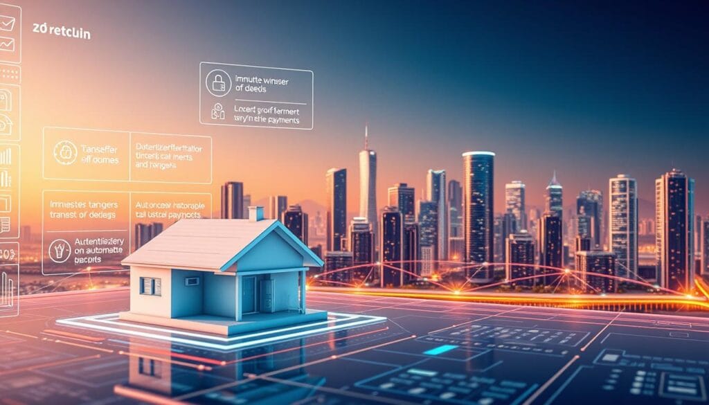 a detailed, hyper-realistic architectural illustration showcasing the intersection of blockchain technology and real estate transactions. In the foreground, a futuristic digital dashboard displays a 3D model of a residential property, with transparent overlays highlighting key blockchain-powered features such as immutable ownership records, secure transfer of deeds, and automated escrow payments. In the middle ground, a city skyline of sleek, interconnected smart buildings reflects a vision of a decentralized, blockchain-driven real estate landscape. The background bathes the scene in a warm, ambient glow, conveying a sense of innovation, efficiency, and trust in this emerging technological paradigm. The overall composition emphasizes the seamless integration of blockchain into the heart of modern real estate processes. a detailed, hyper-realistic architectural illustration showcasing the intersection of blockchain technology and real estate transactions. In the foreground, a futuristic digital dashboard displays a 3D model of a residential property, with transparent overlays highlighting key blockchain-powered features such as immutable ownership records, secure transfer of deeds, and automated escrow payments. In the middle ground, a city skyline of sleek, interconnected smart buildings reflects a vision of a decentralized, blockchain-driven real estate landscape. The background bathes the scene in a warm, ambient glow, conveying a sense of innovation, efficiency, and trust in this emerging technological paradigm. The overall composition emphasizes the seamless integration of blockchain into the heart of modern real estate processes.