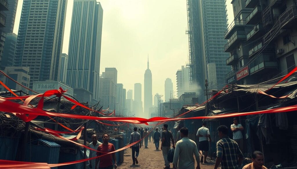a dystopian cityscape with towering skyscrapers and neglected slums, depicting the stark wealth disparity and barriers to financial inclusion. in the foreground, a tangled web of red tape, bureaucratic obstacles, and socioeconomic divides obstruct access to banking and financial services for the underprivileged. in the middle ground, people of diverse backgrounds struggle to navigate a complex system, their faces etched with frustration and despair. the background is shrouded in a hazy, grim atmosphere, conveying the overwhelming challenges of achieving financial inclusion on a global scale. the scene is shot from a low angle, emphasizing the imposing nature of the barriers, with dramatic lighting casting long shadows to evoke a sense of hopelessness and the urgent need for reform. a dystopian cityscape with towering skyscrapers and neglected slums, depicting the stark wealth disparity and barriers to financial inclusion. in the foreground, a tangled web of red tape, bureaucratic obstacles, and socioeconomic divides obstruct access to banking and financial services for the underprivileged. in the middle ground, people of diverse backgrounds struggle to navigate a complex system, their faces etched with frustration and despair. the background is shrouded in a hazy, grim atmosphere, conveying the overwhelming challenges of achieving financial inclusion on a global scale. the scene is shot from a low angle, emphasizing the imposing nature of the barriers, with dramatic lighting casting long shadows to evoke a sense of hopelessness and the urgent need for reform.
