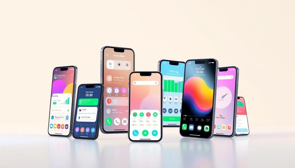 a high-resolution digital illustration of a collection of modern mobile apps displayed on various smartphone screens, set against a clean, minimalist background. The apps should showcase a range of features and functionalities typical of leading neobanking services, such as money management, bill pay, budgeting tools, and mobile banking capabilities. The screens should be arranged in a visually striking, asymmetrical layout, with a focus on intuitive user interfaces and vibrant, modern color palettes. Lighting should be soft and diffused, creating a sense of depth and atmosphere. The overall composition should convey a sense of efficiency, innovation, and the seamless integration of digital banking into everyday life.