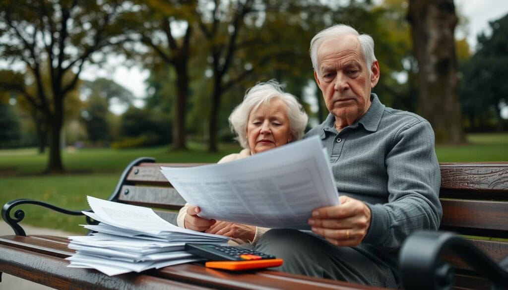 a high-resolution, wide-angle photograph of an elderly couple sitting on a park bench, looking concerned and distressed, with a stack of financial documents and a calculator in front of them, surrounded by a blurred background of trees and a cloudy sky, conveying the confusion and uncertainty around tax implications in retirement