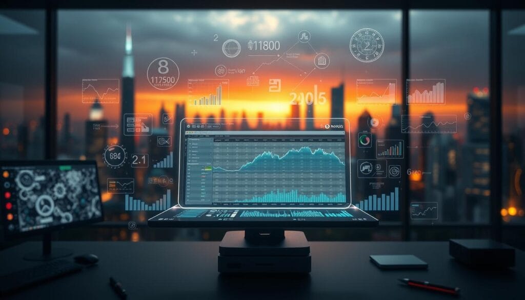 a highly detailed and photorealistic digital illustration of financial modeling, featuring a 3D rendering of a financial spreadsheet displayed on a futuristic-looking holographic interface surrounded by various data visualizations, analytics charts, and financial reports floating in a sleek, minimalist workspace with a blurred background of skyscrapers and a cityscape under a moody, atmospheric lighting, showcasing the power and precision of quantum computing in financial modeling a highly detailed and photorealistic digital illustration of financial modeling, featuring a 3D rendering of a financial spreadsheet displayed on a futuristic-looking holographic interface surrounded by various data visualizations, analytics charts, and financial reports floating in a sleek, minimalist workspace with a blurred background of skyscrapers and a cityscape under a moody, atmospheric lighting, showcasing the power and precision of quantum computing in financial modeling