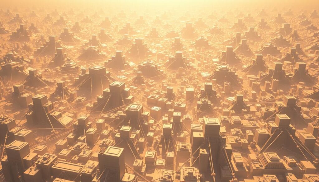 a highly detailed, photorealistic digital illustration of a decentralized ledger or blockchain technology, depicting a vast, three-dimensional landscape with a complex network of interconnected blocks, nodes, and transactions that are secured through cryptography and distributed across a peer-to-peer network, with a warm, diffused lighting creating a sense of depth and dimension, and a clean, minimalist background that emphasizes the technical and futuristic nature of the technology